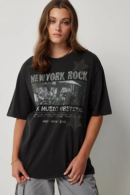 Ardene Washed New York Rock T-Shirt in Black | Size | 100% Cotton