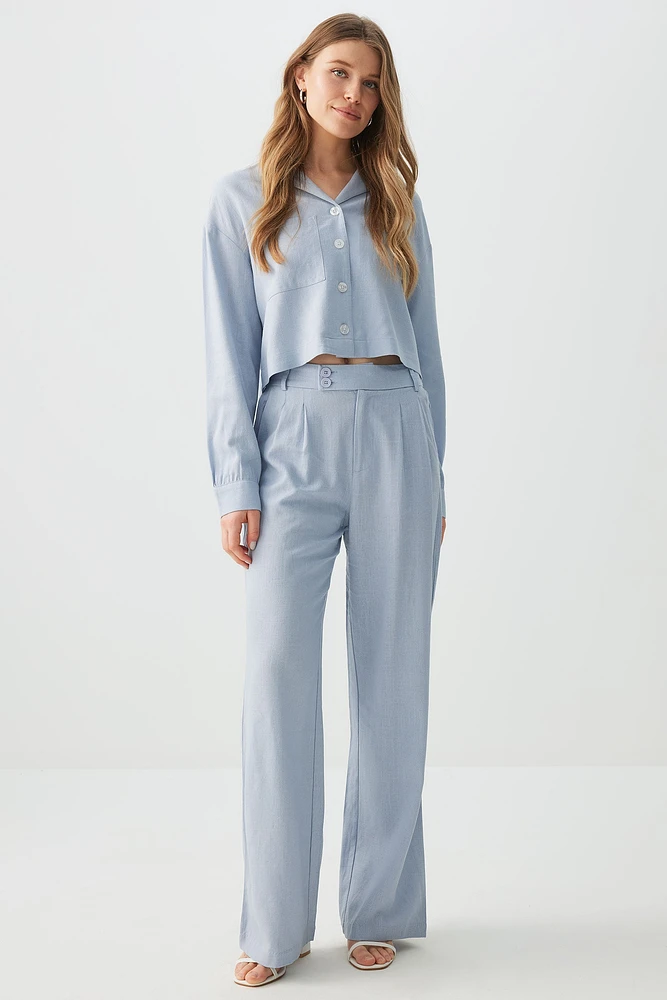 Ardene High Rise Linen Blend Trousers in Light Blue | Size | Viscose