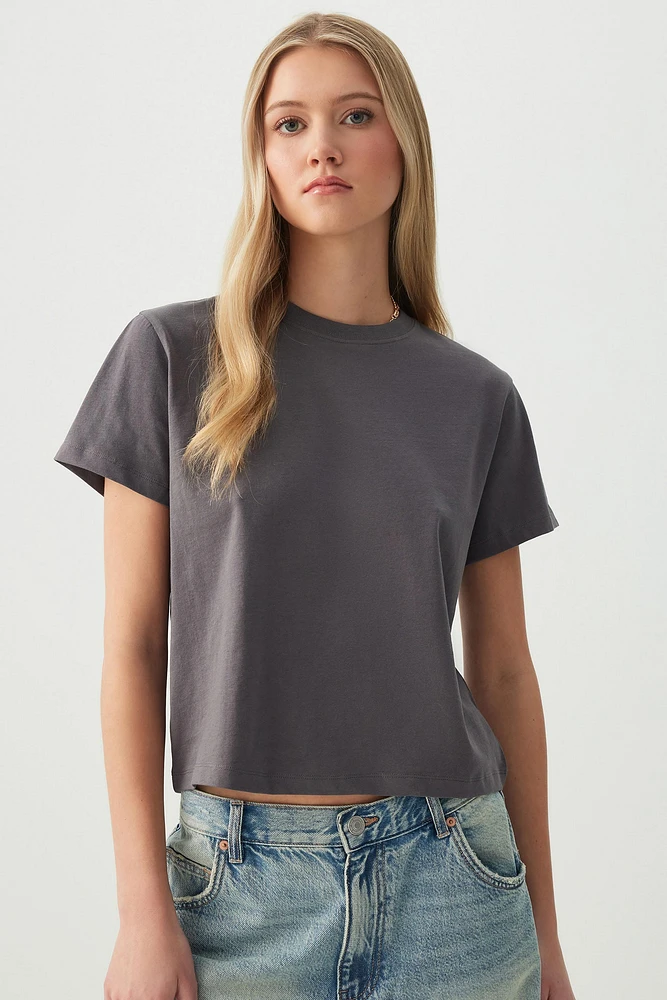 Ardene Basic Short T-Shirt in Dark Grey | Size | Cotton/Elastane | Eco-Conscious