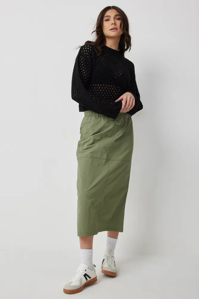 Ardene Parachute Midi Skirt in Khaki, Size, Polyamide