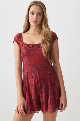 Ardene Floral Mesh Romper in Burgundy | Size | Polyester/Elastane