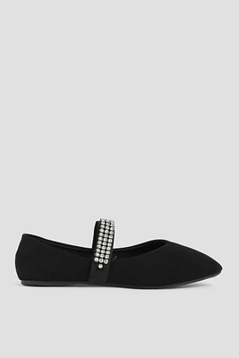 Ardene Embellished Mary Jane Flats in Black | Size | Faux Suede