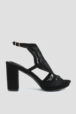 Ardene Black Mesh Heels Sandals | Size | Faux Suede