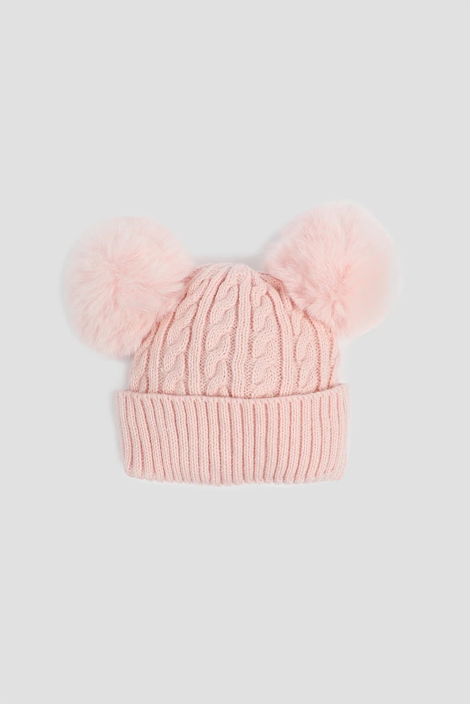 Ardene Kids Cable Knit Beanie with Pompoms in Light Pink | 100% Acrylic