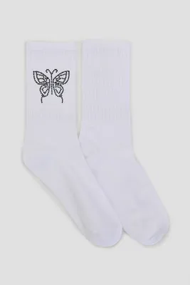 Ardene Crystal Butterfly Crew Socks in White