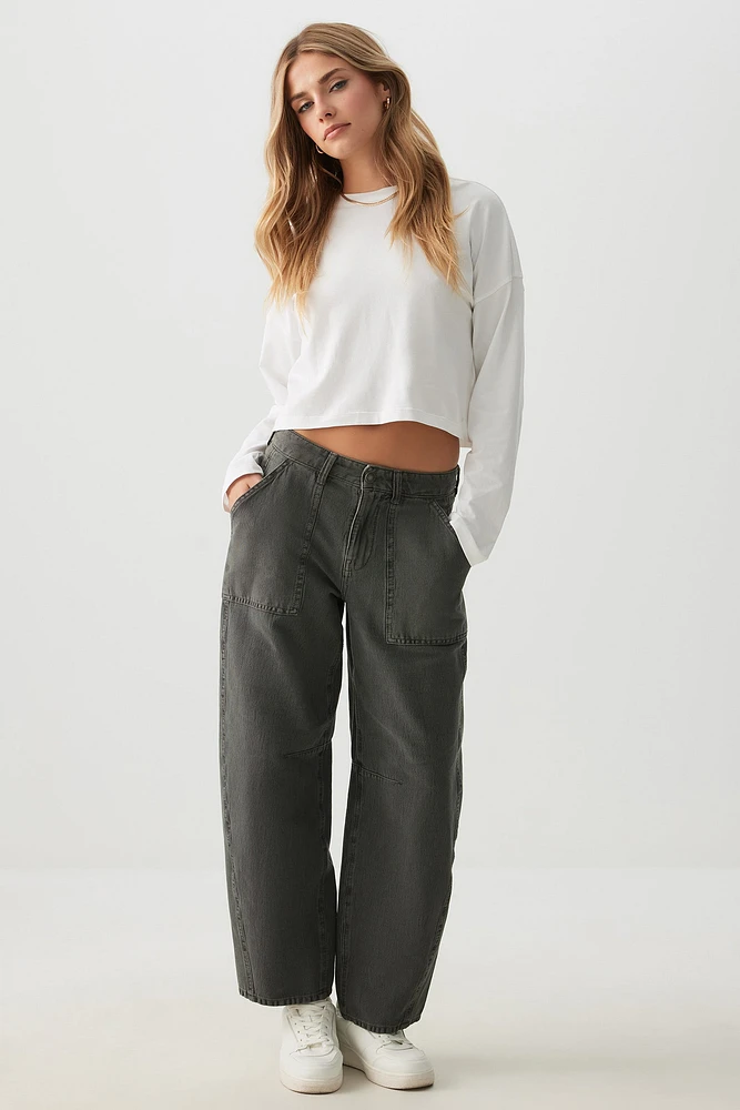 Ardene High Rise Stretch Twill Barrel Pants in Grey | Size | Spandex/Cotton