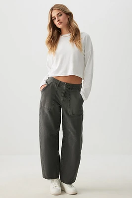 Ardene High Rise Stretch Twill Barrel Pants in Grey | Size | Spandex/Cotton