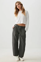 Ardene High Rise Stretch Twill Barrel Pants in Grey | Size | Spandex/Cotton