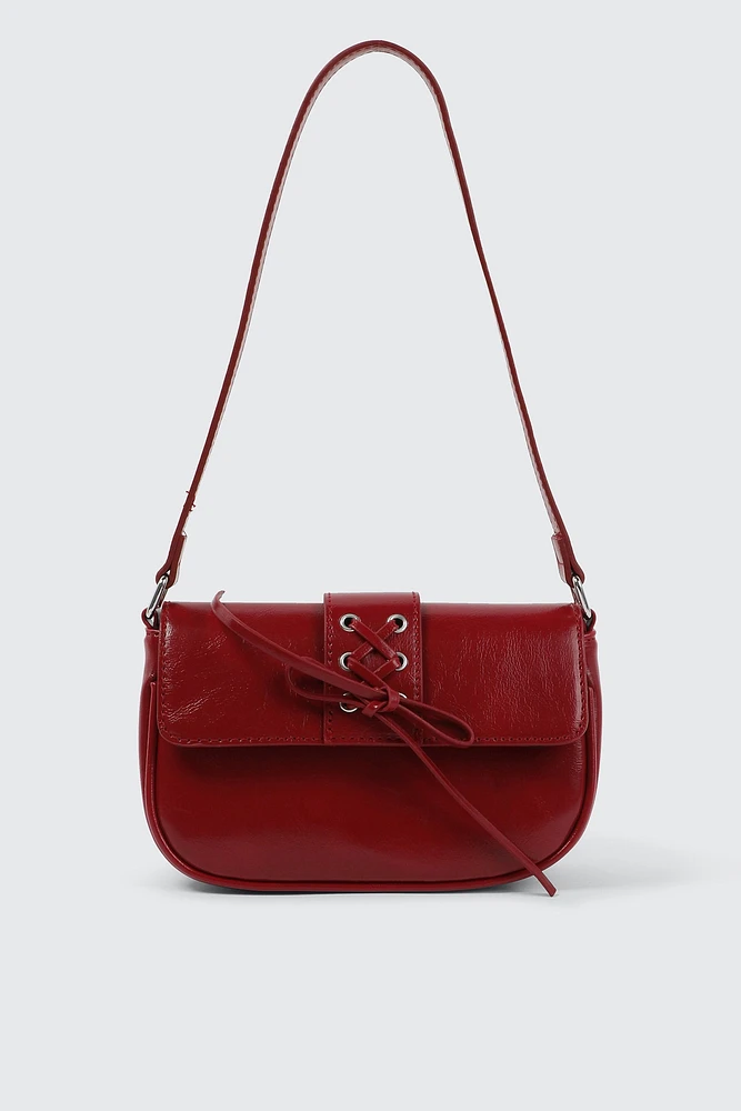 Ardene Shoulder Bag with Lace Up Detail in Red | 100% Recycled Polyester/Faux Leather | Eco-Conscious
