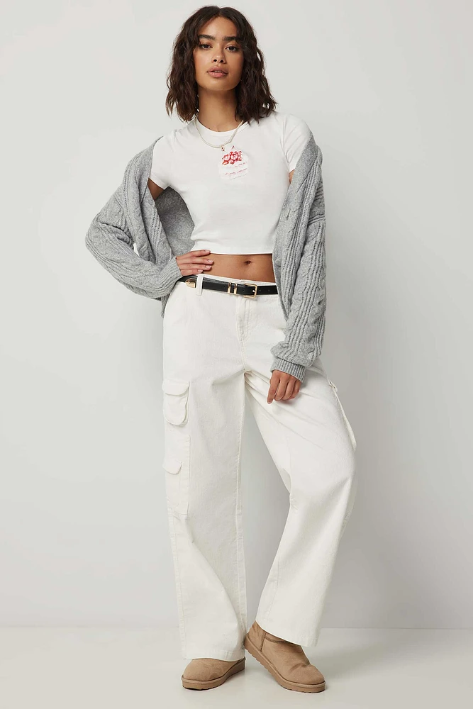 Ardene Wide Leg Corduroy Cargo Pants in White | Size | 100% Cotton