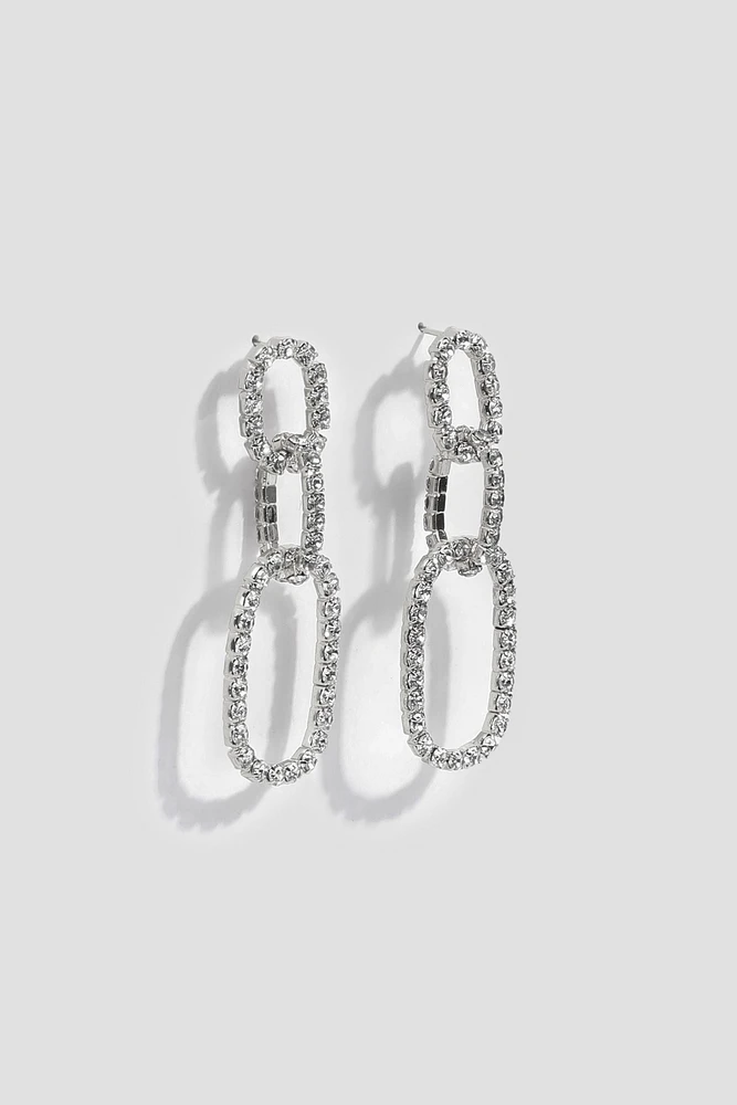 Ardene Rhinestone Link Oval Earrings in Silver | Stainless Steel