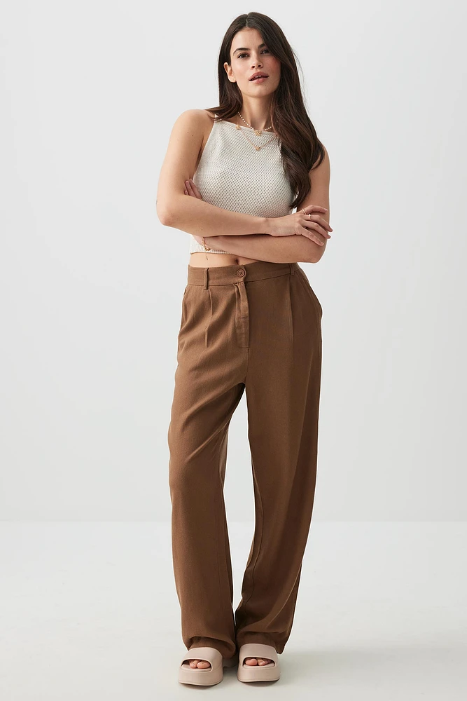 Ardene Ultra High Rise Linen Blend Pants in Brown | Size | Viscose