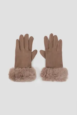 Ardene Faux Suede Gloves with Faux Fur Cuffs in Brown | Polyester/Faux Suede