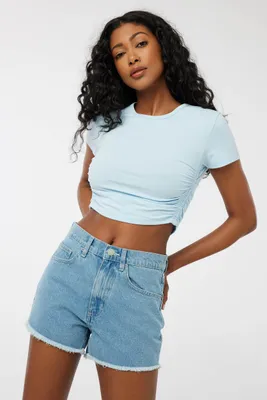 Ardene Denim Shorties with Artwork Detail in Med. Blue | Size | 100% Cotton