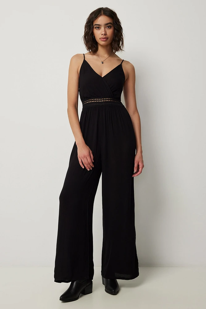 Ardene Crochet Waist Wide Leg Jumpsuit in Black | Size | Rayon