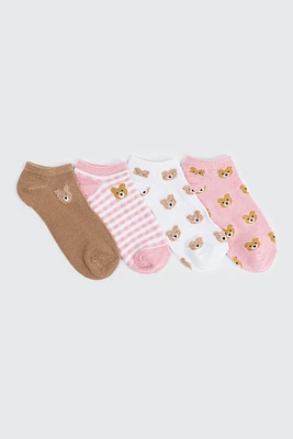 Ardene 4-Pack Bear Ankle Socks in Light Pink | Polyester/Spandex