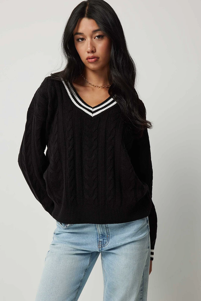 Ardene V-Neck Sweater with Contrasting Stripes in | Size | 100% Acrylic