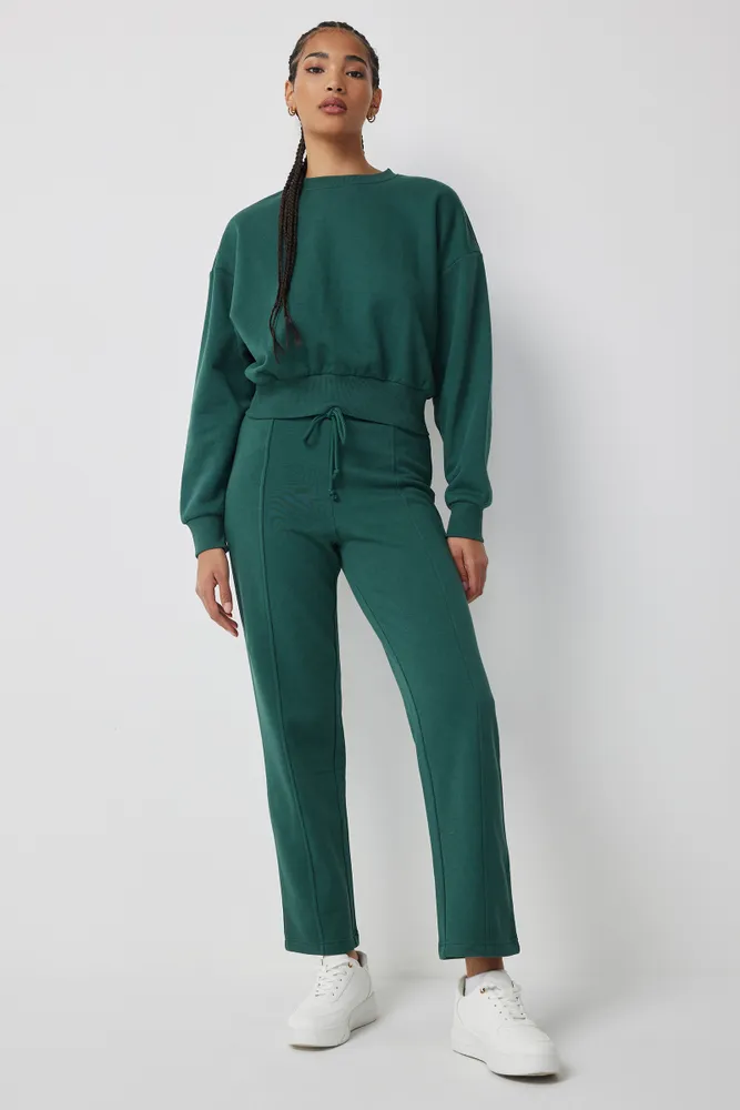 Ardene Pintuck Straight Leg Sweatpants in Dark Green, Size, Polyester/ Cotton, Fleece-Lined