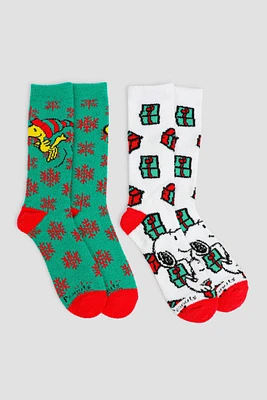 Ardene 2-Pack Holiday Snoopy Cozy Socks in Green | Polyester/Spandex