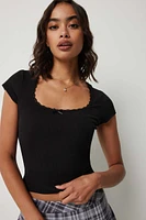 Ardene Square Neck Lace Trim T-Shirt in | Size | Spandex/Cotton