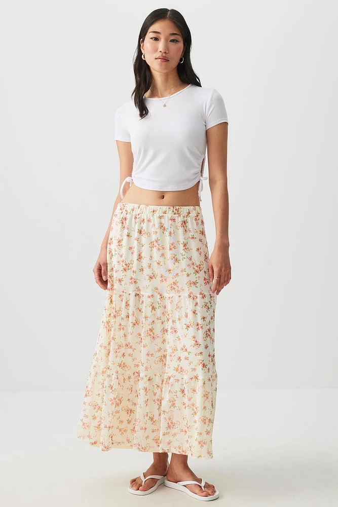 Ardene Printed Tiered Maxi Skirt in Beige | Size | Polyester/Spandex