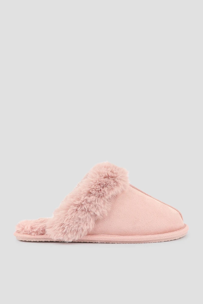 Ardene Mule Slippers with Fur Lining in Light Pink | Size 7.5 | Polyester/Faux Suede | Eco-Conscious