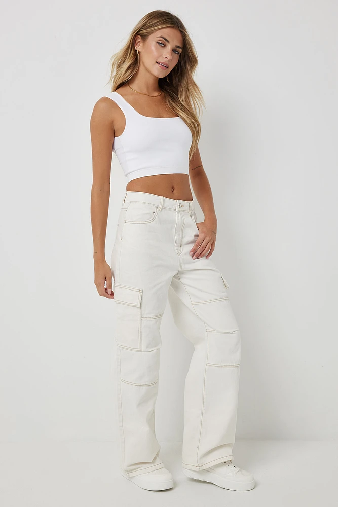 Ardene High Rise Cargo Jeans in White | Size | Cotton