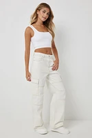 Ardene High Rise Cargo Jeans in White | Size | Cotton