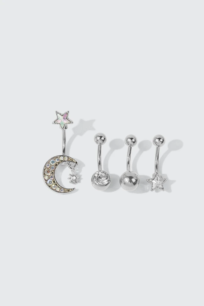 Ardene 4-Pack Moon & Star Navel Piercings in Silver