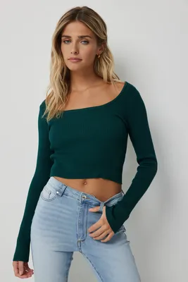 Ardene Fine Knit Square Neck Sweater in Dark Green | Size | Rayon/Nylon