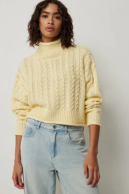 Ardene Crop Mock Neck Cable Sweater in Light Yellow | Size | 100% Acrylic