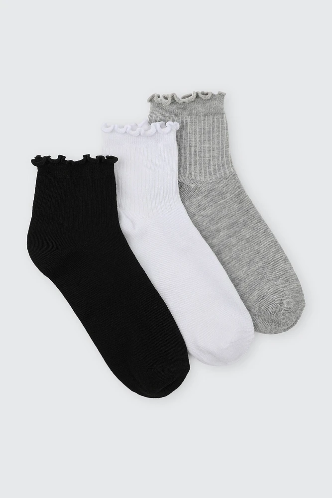 Ardene 3-Pack Lettuce Edge Demi Crew Socks in Grey | Polyester/Spandex