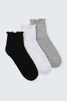 Ardene 3-Pack Lettuce Edge Demi Crew Socks in Grey | Polyester/Spandex