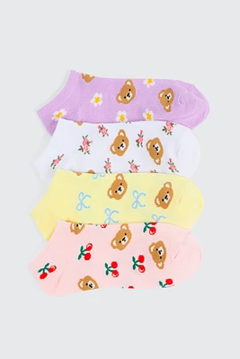 Ardene 4-Pack Teddy Bear & Flower Ankle Socks in Medium Purple | Polyester/Spandex