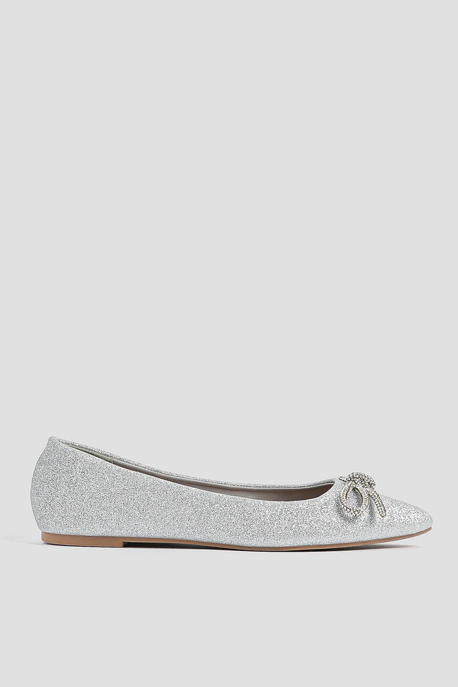 Ardene Glitter Ballet Flats with Bow in Silver | Size