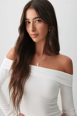 Ardene Crop Off Shoulder Long Sleeve Top in White | Size | Elastane/Viscose