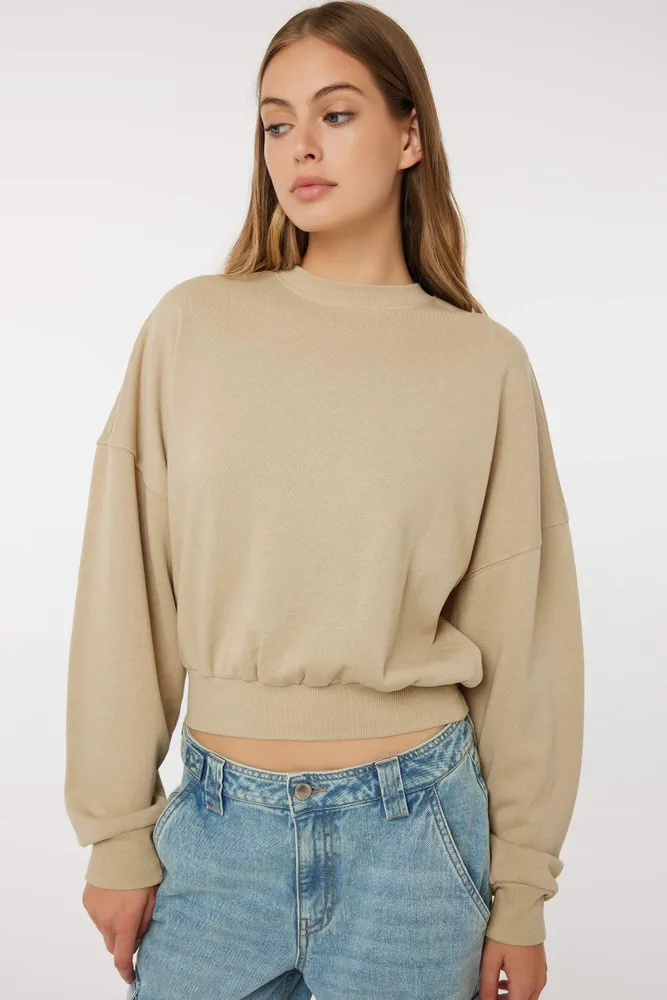 Ardene Oversized Crew Neck Sweatshirt in Beige | Size | Polyester/Cotton | Fleece-Lined