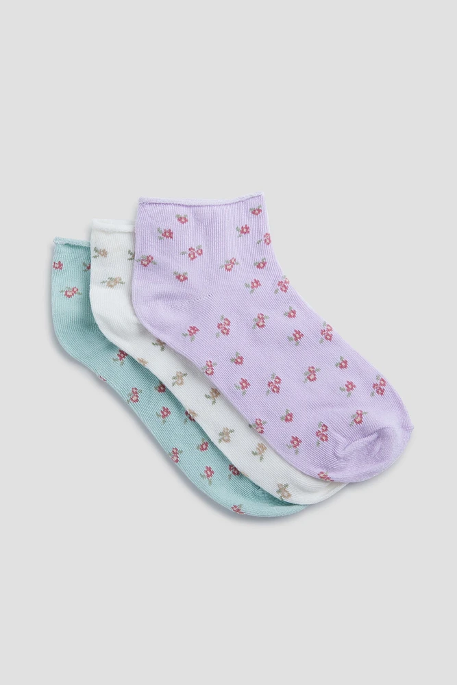 Ardene 3-Pack Floral Demi Crew Socks in Lilac | Polyester/Spandex