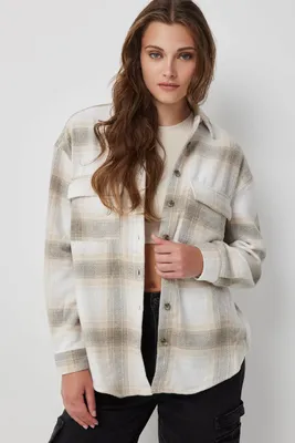 Ardene Wool-Like Plaid Overshirt in Beige | Size | Polyester