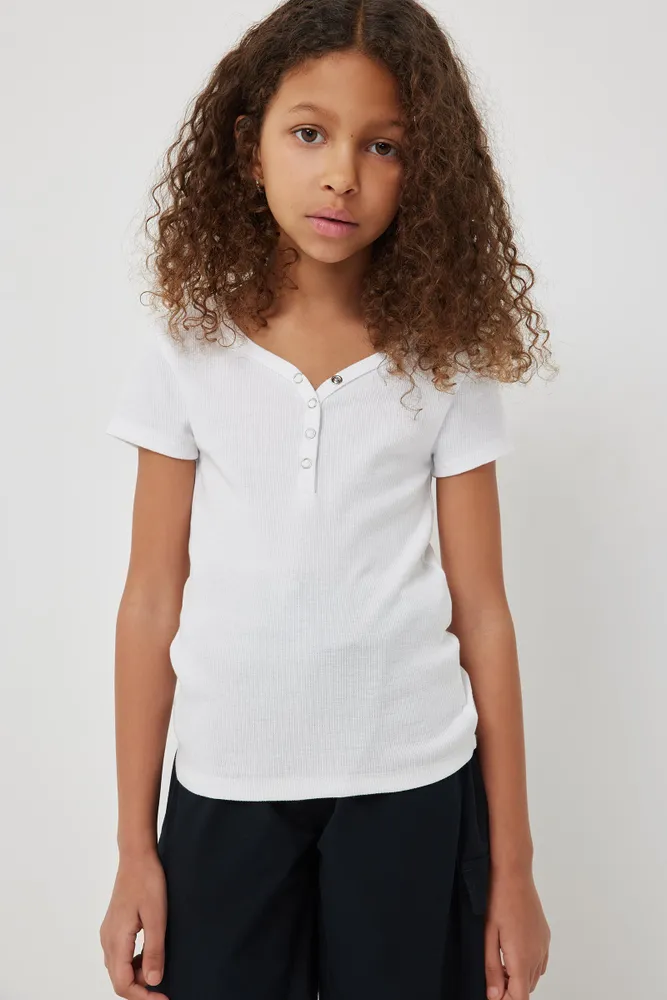 Ardene Kids Henley T-Shirt in White | Size Large | Polyester/Cotton/Elastane