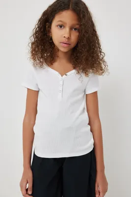 Ardene Kids Henley T-Shirt in White | Size | Polyester/Cotton/Elastane