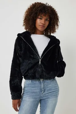 Ardene Hooded Faux Fur Jacket in | Size | Polyester