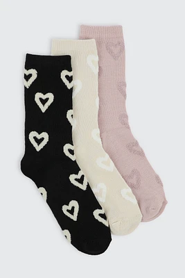 Ardene 3-Pack Heart Crew Socks in | Polyester/Spandex