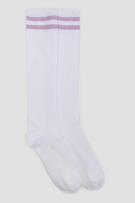 Ardene Stripe Knee High Socks in White | Polyester/Spandex