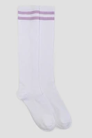 Ardene Stripe Knee High Socks in White | Polyester/Spandex