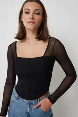Ardene Long Sleeve Mesh Top with Bustier Seams in | Size | Polyester/Elastane
