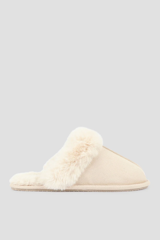 Ardene Mule Slippers with Fur Lining in Beige | Size | Polyester/Faux Suede | Eco-Conscious