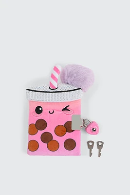 Ardene Kids Plush Bubble Tea Diary with Lock & Pen in Light Pink