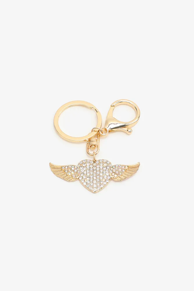 Ardene Embellished Winged Heart Keychain in Gold