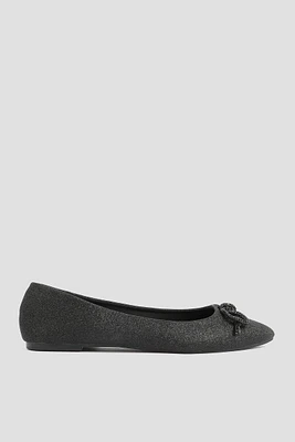 Ardene Glitter Ballet Flats with Bow in Black | Size